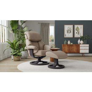 Fjords Alfa 520 Recliner Chair with Ottoman in AstroLine Tan Leather on a Walnut Wood Base