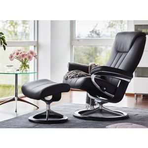 Stressless Bliss Recliner and Ottoman on a Signature Base in Black Profile View 