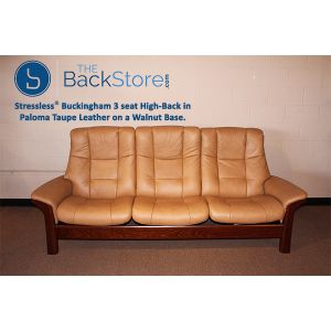 Stressless Buckingham 3 seat High back in Paloma Taupe Leather on a Walnut Base