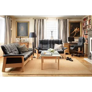 Ekornes Stressless Buckingham Collection with the Mayfair Office Chair and Two and Three Seat Buckingham Sofas in Paloma Black Leather on a Natural Wood Base Wide View 
