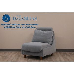 Stressless E300 side chair with headrest in Molli Blue Fabric on a Teak Base 