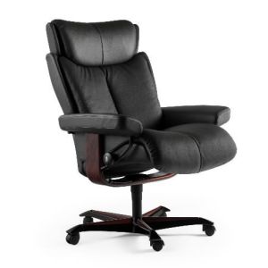 Stressless Magic Office Chair in Paloma Black Leather on a New Wenge Wood Base Profile View 