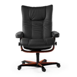 Stressless Wing Office Chair in Paloma Black Leather on a Teak Wood Base Front View 