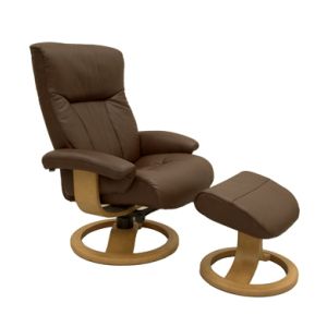 Fjords Scandic Recliner with Ottoman in SoftLine Chocolate Leather on a Teak Wood Base Profile View 