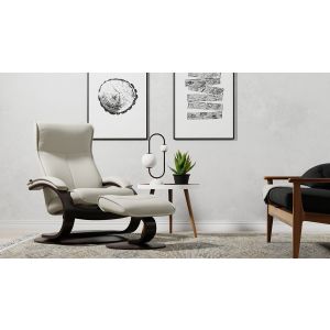 Fjords Senator Recliner in SoftLine Grey Leather on an Espresso Wood C Base Profile View