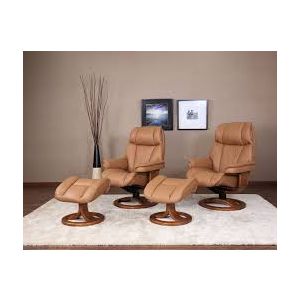 Fjords General Recliner and Ottoman in SoftLine Hassel Leather on a Walnut Base Wide Room Profile View