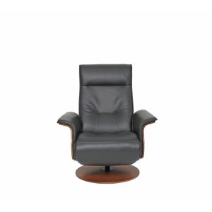 Hjellegjerde Fjords Hans Recliner with Integrated Foot Rest in Astro Line Black Leather with Walnut Wood Accents in Front View Image