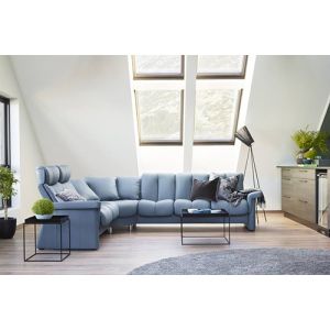 Ekornes Stressless Legend Collection Sectional in Paloma Sparrow Blue in Aluminum Round Legs Wide View 
