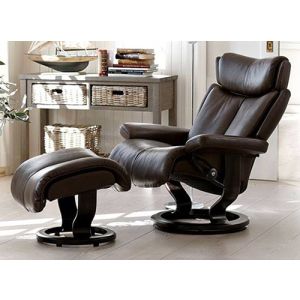 Stressless Magic Recliner with Ottoman in Noblesse Dark Brown Leather on a Wenge Wood Classic Base Side/Profile View 