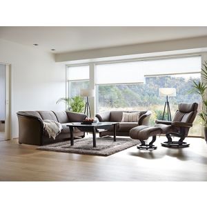 Ekornes Manhattan Collection Magic Recliner Chair and Manhattan Two and Three Seat Sofas in Paloma Funghi Leather on Wenge Wood Base Wide View 