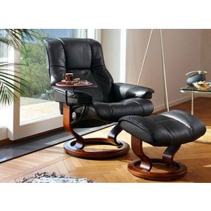 Stressless Mayfair Recliner Chair and Ottoman in Noblesse Black Leather on a Brown Walnut Wood Classic Base Profile View Image