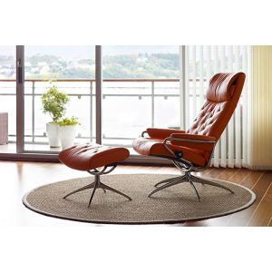 Stressless Metro High Back Recliner and Ottoman in Paloma Apricot Orange Leather on a Star Base Side View Image