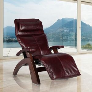 PC-610 Power Omni-Motion Perfect Chair Zero Gravity Recliner by Human Touch in Burgundy Premium Leather on a Dark Walnut Base Profile View