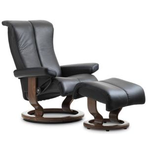 Stressless Piano Recliner with Ottoman in Black on a Classic Base  Profile view 