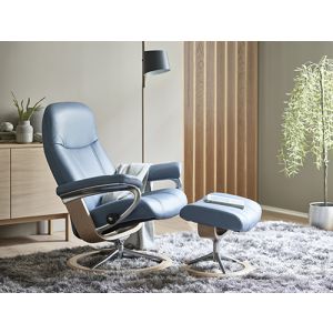 Stressless Consul Recliner with Ottoman in Paloma Sparrow Blue Leather on a Oak Wood Signature Base Profile View