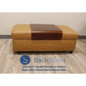 Stressless Double Ottoman in Paloma Taupe with a Brown Walnut Wood Table 