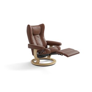 Stressless Wing Recliner with Leg Comfort in Paloma Chocolate Profile View Extended Footrest