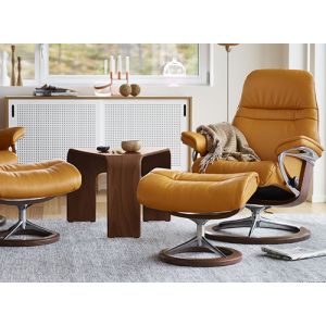 Ekornes Stressless Sunrise Recliner with Ottoman in Cori Mustard on a Brown Walnut Wood Signature Base, Profile View