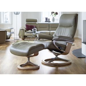 Stressless View Recliner and Ottoman in Cori Mole Leather on a Natural Wood Signature Base Profile View 