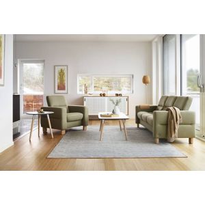 Ekornes Stressless Wave Collection Recliner Chair and Three Seat Sofa in Fabric on Oak Wood Square Legs Wide View 